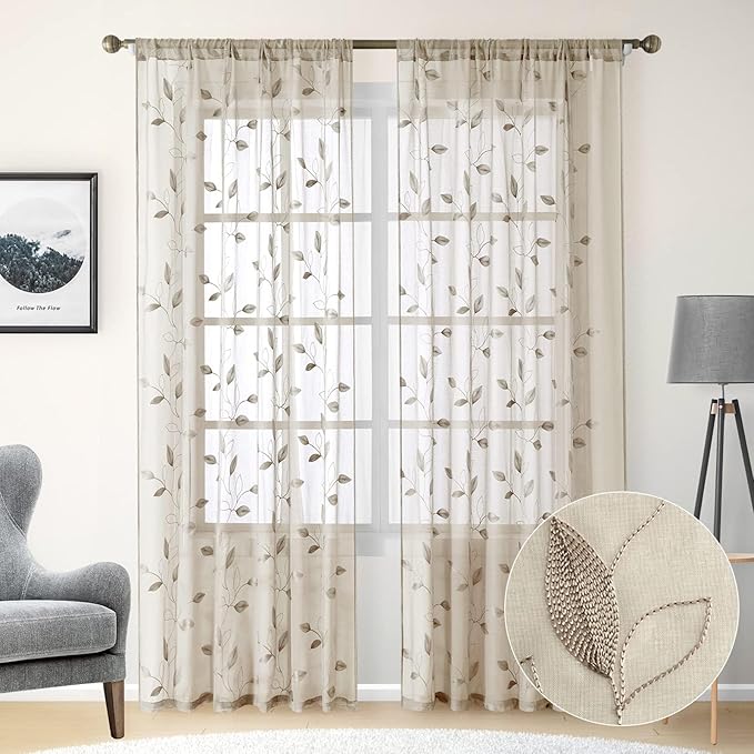 HOMEIDEAS Taupe Sheer Curtains 52 X 96 Inches Long 2 Panels Beige Embroidered by HOMEIDEAS