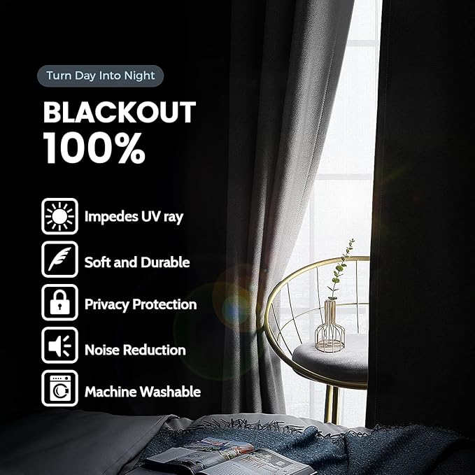 SimpleHome Grey 100% Blackout Curtains Room Darkening Living Room 90 Inch | - Image 3