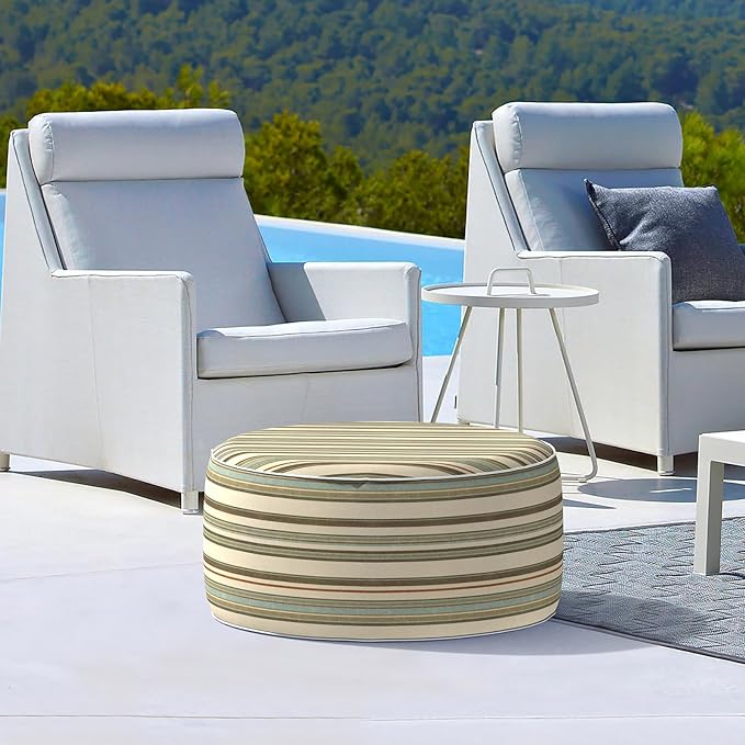 LVTXIII Outdoor Inflatable Ottoman, Fade-Resistant Round Footrest Stool D31”x H14”, Portable Patio Pouf for Garden Camping or Home Use, Stripe Onyx