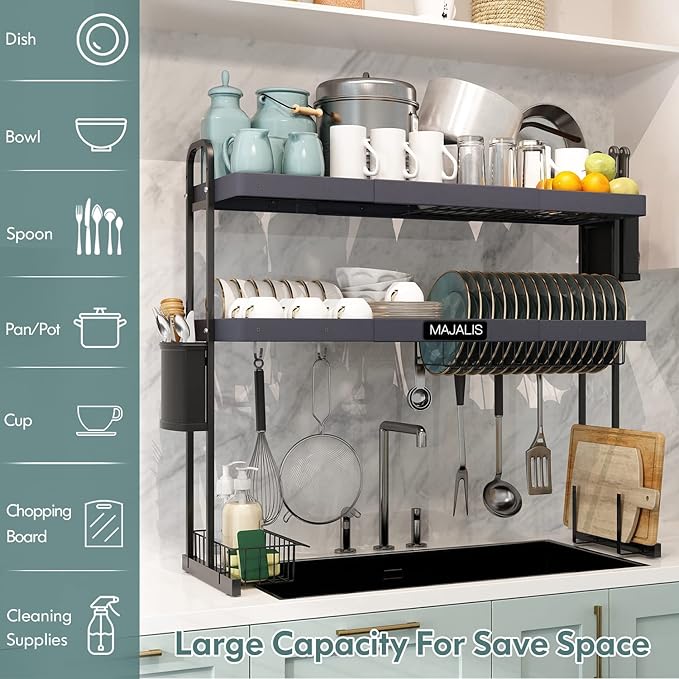 MAJALiS Over Sink Dish Drying Rack, Stainless Steel 2 Tier Large Dish Drainer Above Sink Adjustable 27.5" - 34.6", Expandable Kitchen Counter Organizer Storage Shelf with 6 Hooks