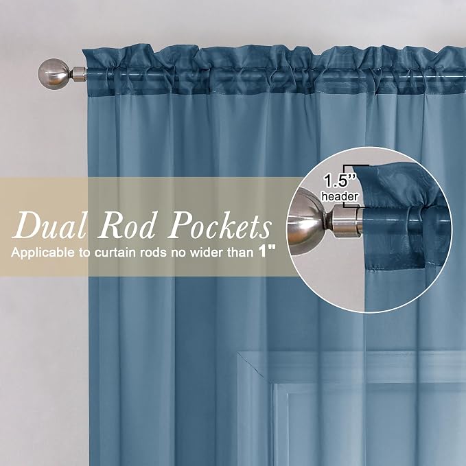 Dusty Blue Sheer Curtains 96 Inches Long 2 Panels, Light Filtering Breathable - Image 5