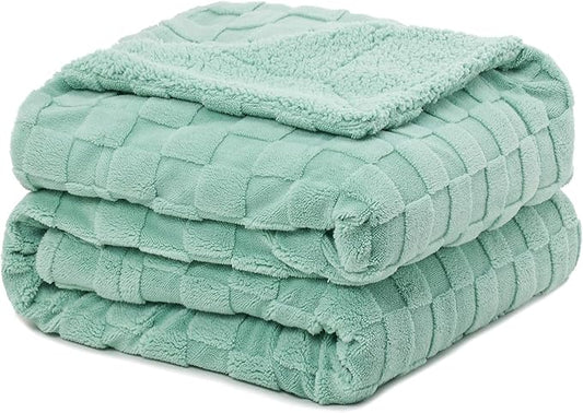 Pawque Super Soft Cozy Throw Blanket Twin Size for Couch Bed, Fluffy Sherpa Fleece Reversible Thick Warm Fuzzy Blanket for All-Season, 3D Checkered Jacquard Decorative Blankets, Sage Green, 60"x80"