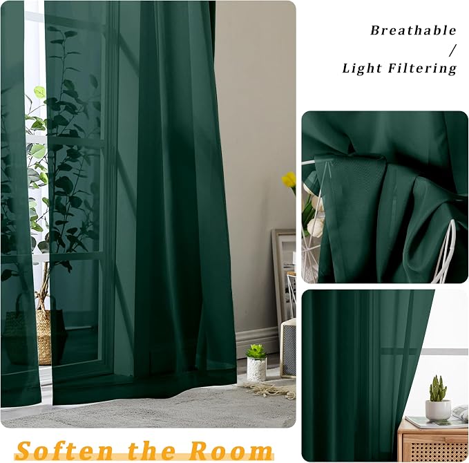 Gwine Hunter Green Sheer Curtains 84 Inches Long 2 Panels Set - Image 3