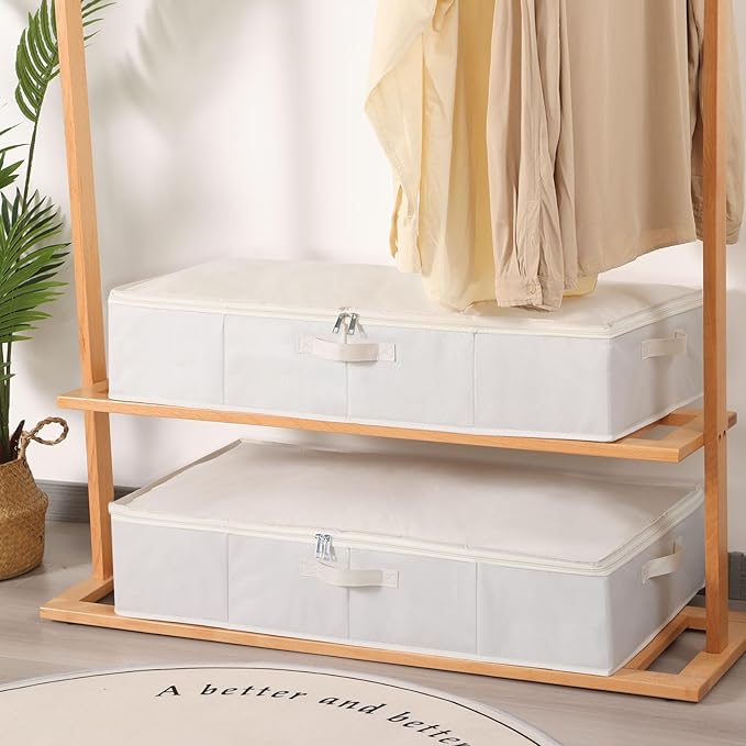 Underbed Storage Box, Clothes Organizer With Sturdy Structure and Reinforced Handles for Blanket, Sheets, Pillows, Towels, Shoes, Beige, 2 Pack, 31.5 x 15.7 x 5.9 Inch