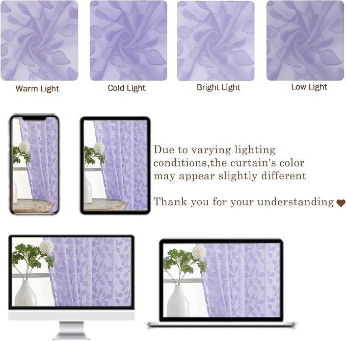 Chyhomenyc Light Purple Sheer Curtains 36 Inch Length, Light Filtering Leaf - Image 6