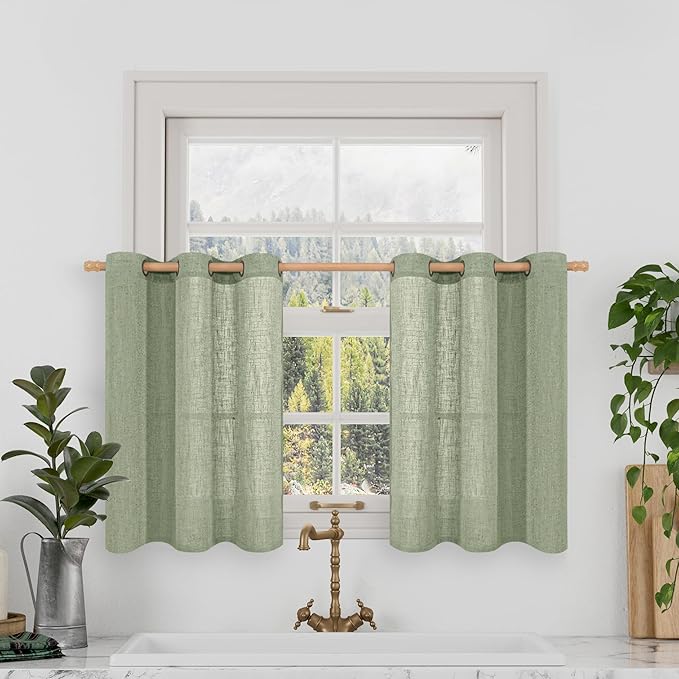 LAMIT Short Linen Window Curtains 30 inches Long 2 Panels, Sage Green Semi by LAMIT