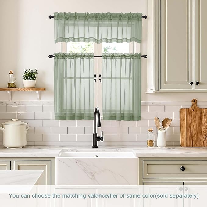 Sage Green Sheer Curtains Tier 30 Inches Length 2 Panels, Light Filtering - Image 2