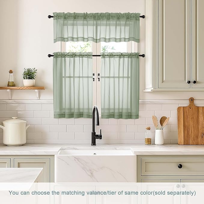 Sage Green Valances for Windows 14 inch Length 2 Panels, Small Voile Sheer - Image 2