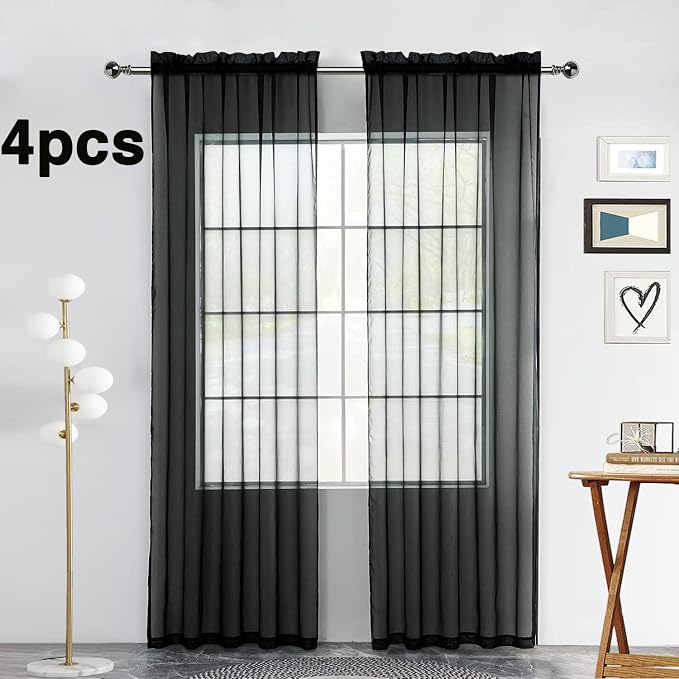 SpaceDresser Black Sheer Curtains 4 Panels Rod Pocket Semi-Sheer Curtain 108 - Image 2