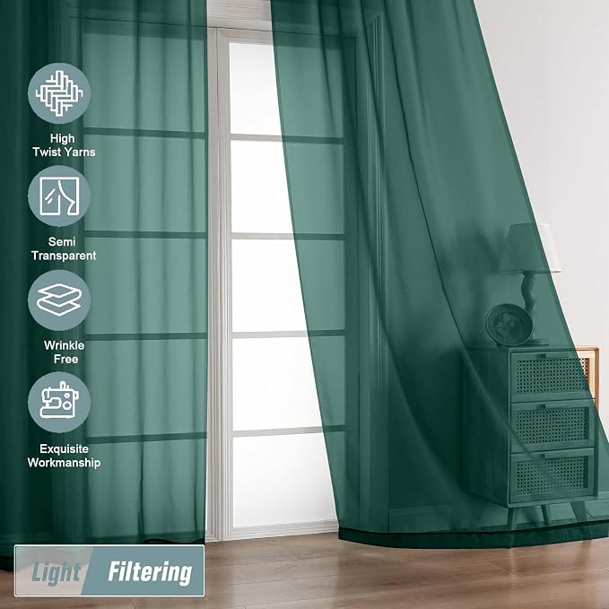 Green Sheer Curtains 90 Inches Long 2 Panels, Light Filtering Solid Sheer - Image 5