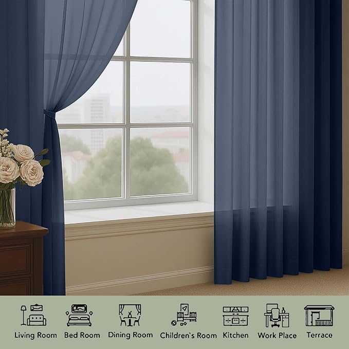OWENIE Navy Blue Sheer Curtain 90 Inches Long 2 Panels Set, Solid Filmy Drapes - Image 3