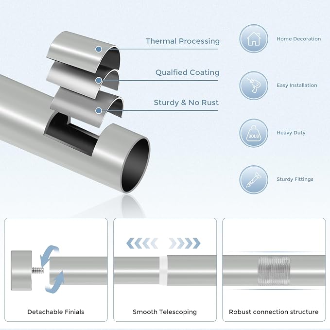 Silver Curtain Rods for Windows 36 to 176 Inch, Size:36-176 Inch - Image 7
