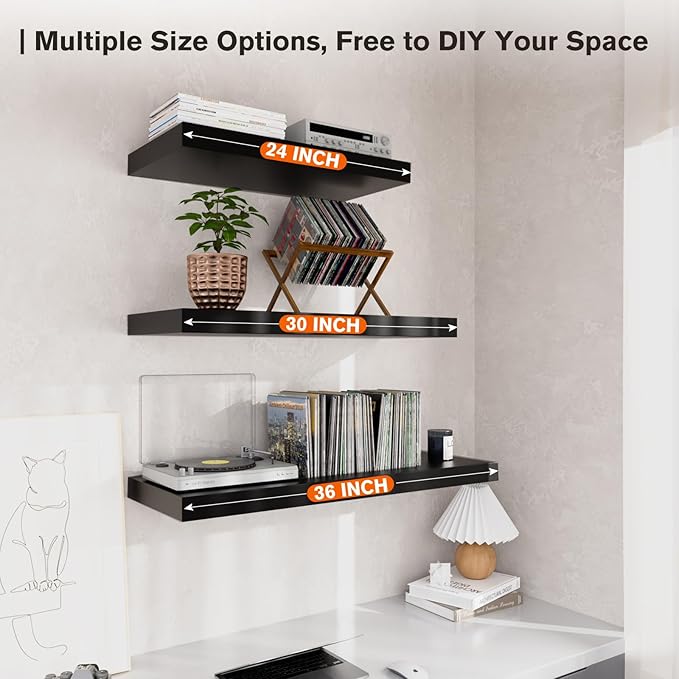 Large Floating Shelves for Wall Set of 2 Wooden Wall Shelves 30 in x 12.75 in x 2 inRoom Decor Long Shelf with Invisible Wall Mount Bracket for Bedroom Kitchen Living Room Black