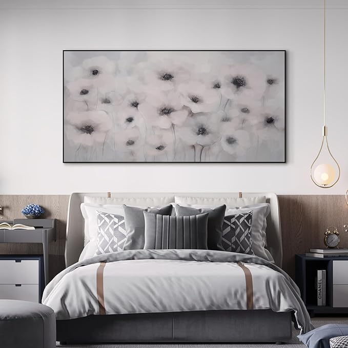 36"x72" Extra Large Framed Wall Art Soft White Poppies Watercolor Floral, Delicate Botanical for Home Living Room Bedroom Decor (Frame Assembly Required)