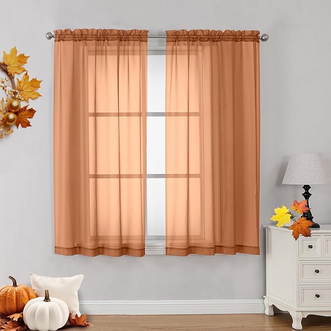 OVZME Orange Sheer Curtains 45 Inches Long 2 Panels, Light Filtering Sheer by OVZME