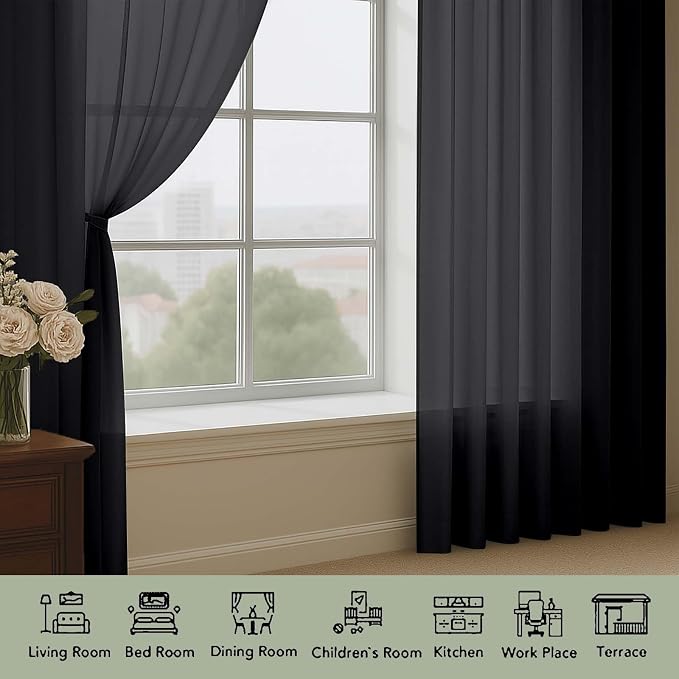 OWENIE Black Sheer Curtains, Sheer Curtains 96 inches Long 2 Panels Set - Image 2