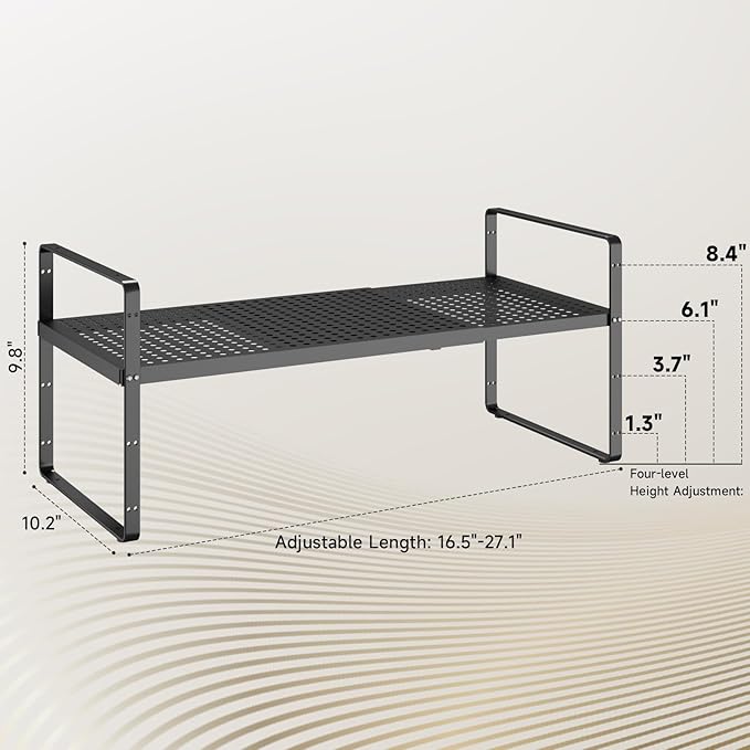Hole Pattern Expandable Shelf Organizer,1Pack 10.2" Wide Easy to Assemble Cabinet Organizer Shelf, 16.5~27.1" Adjustable Height&Stackable Spice Organization for Cupboard, Black
