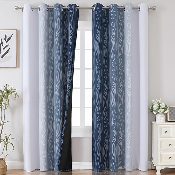 Estelar Textiler Navy Blue and Greyish White Blackout Curtains 108 Inches Long - Image 2