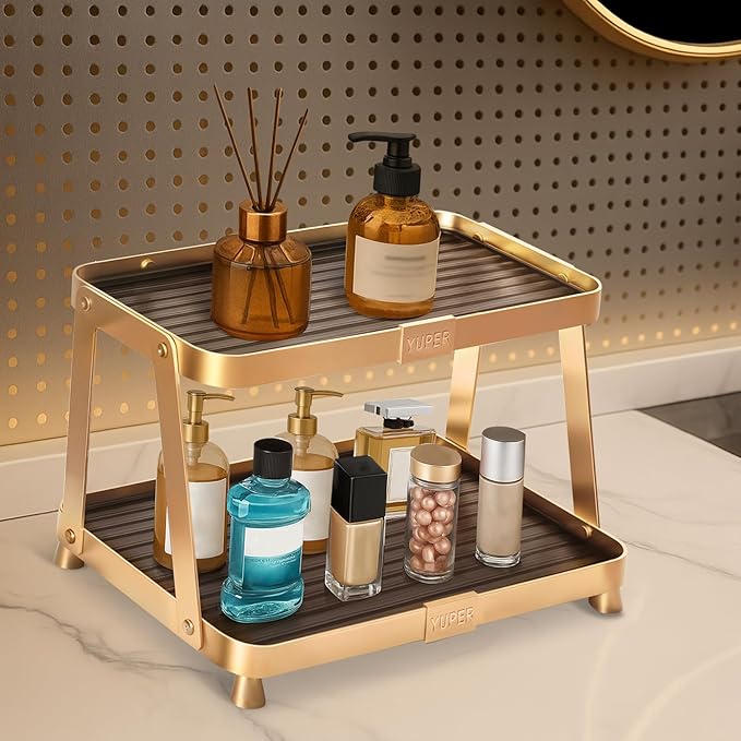YUPER Bathroom Counter Organizer, 2-Tier Bathroom Organizers and Storage, Large Makeup Storage Shelf Vanity Tray Perfume Organizer, Bedroom Kitchen Corner Counter Storage Sink Shelf Gold