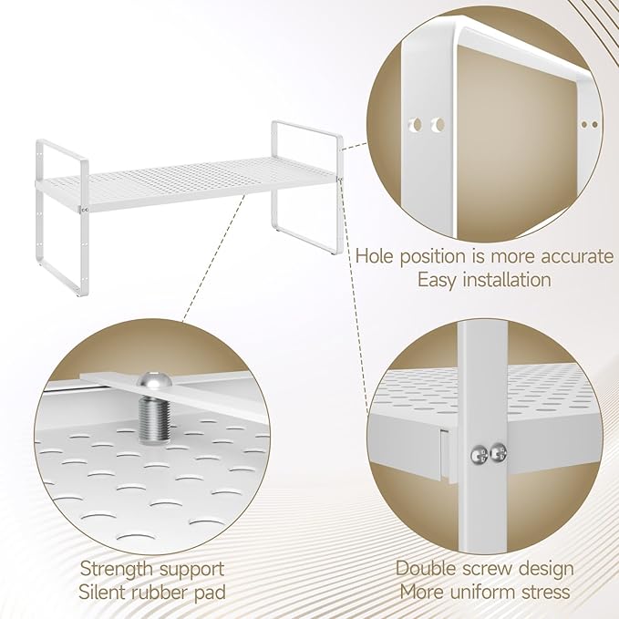 Hole Pattern Expandable Shelf Organizer,2Pack 8.1" Wide Easy to Assemble Cabinet Organizer Shelf, 16.5~27.1" Adjustable Height&Stackable Spice Organization for Cupboard, White