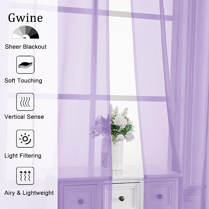Gwine Lilac Sheer Curtain Tiers 24 Inch Length, Light Filtering Voile Short - Image 3