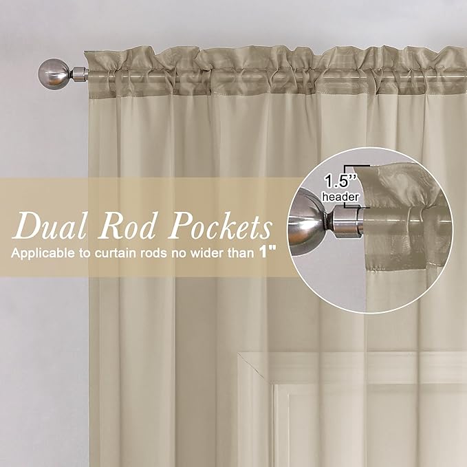 Taupe Sheer Curtains 54 Inch Length 2 Panels Set, Balance Light & Privacy Solid - Image 2
