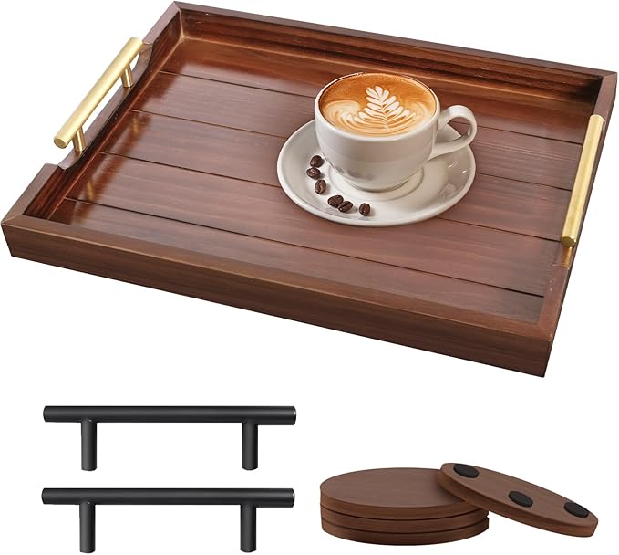 Coffee Table Tray - Large Ottoman Trays for Living Rooms - Wood Serving Tray with Handles(2 Sets) - Wooden Tray for Coffee Table, 4 Round Coasters Included, Dark Brown