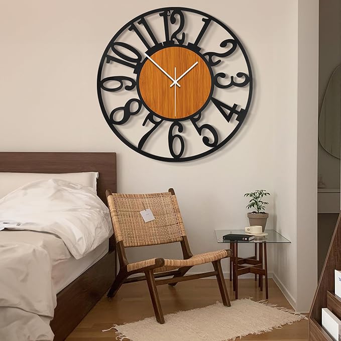 LEIKE 32" Oversized Large Wall Clocks,Silent,Non Ticking,Battery Operated Modern Round Big Wood Decorative Metal Wall Clock for Living Room, Bedroom,Kitchen,Farmhouse,Office Decor - Black,32 Inch