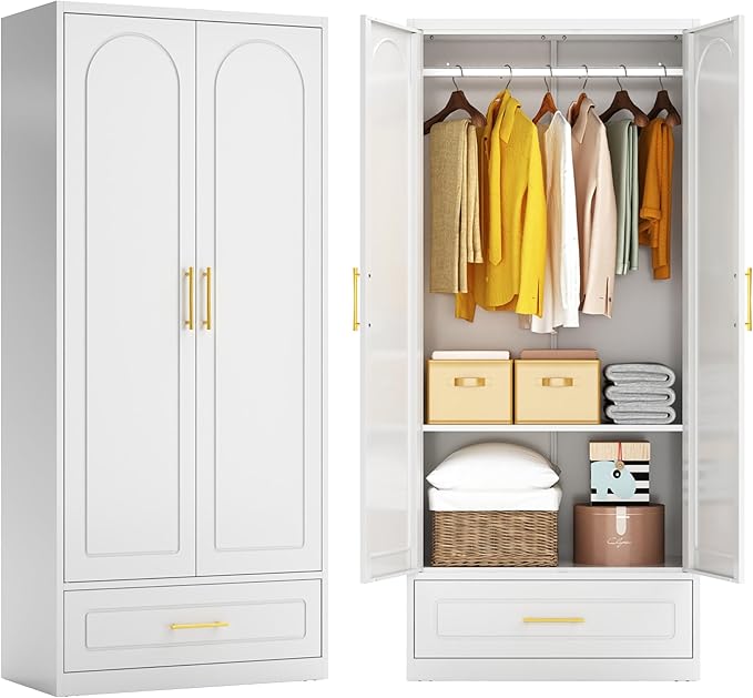 Metal Armoire Wardrobe Closet with 2 Doors, 71" Tall Wardrobe Cabinet with Hanging Rod, Drawers and Adjustable Shelves, White Clothing Storage Cabinets for Bedroom, Home Office