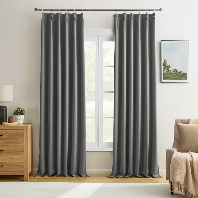 Grey Pinch Pleat Curtains & Drapes 132 Inches Long 2 Panels Set, Privacy by KEQIAOSUOCAI