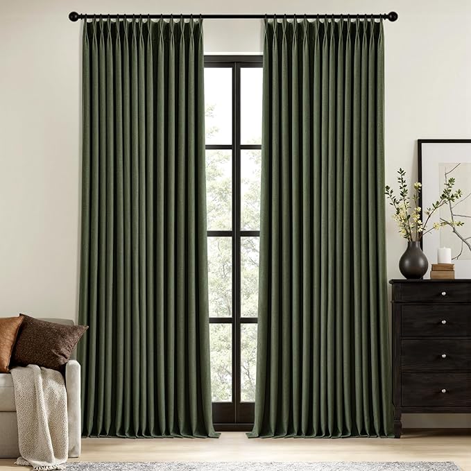 MIULEE Olive Green Pinch Pleated 100% Blackout Linen Curtains 40x108 Inches | by MIULEE