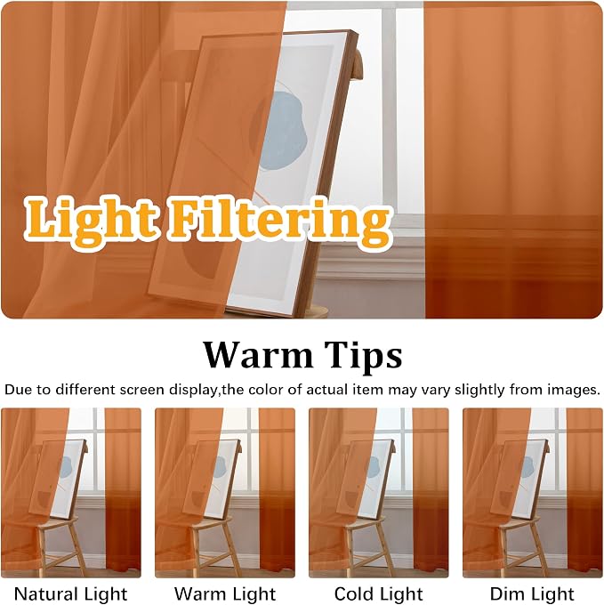 Gwine Burnt Orange Sheer Curtains 30 Inch Length, Short Light Filtering Voile - Image 6