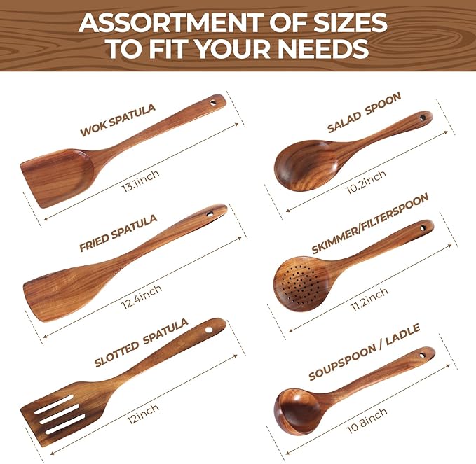 AIUHI Nonstick Natural Wooden Kitchen Utensils Set, Smooth Finish Teak Wood Spoons for Cooking, Comfortable Grip Spatula for Elaborate Cooking 6Pcs