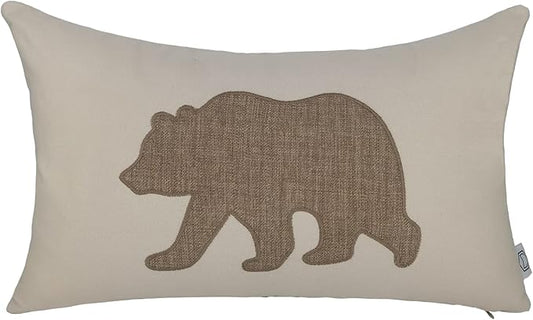 Lumbar Pillow Covers 12x20 Inches Bear Decorative Cotton Linen Throw Lumbar Waist Embroidered Cushions Covers for Couch Sofa Bedroom (Khaki)