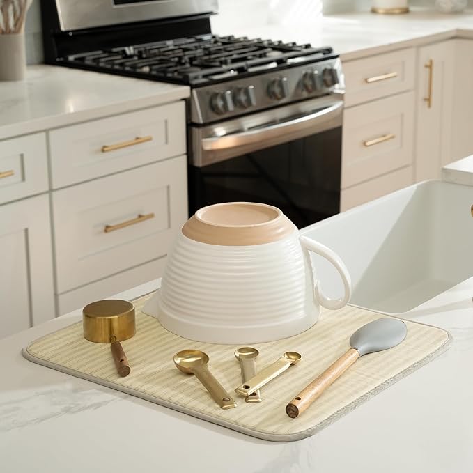 S&T INC. Dish Drying Mat, 16” x 18”, Absorbent Microfiber Kitchen Counter Mat, Dish Drying Pad for Dishes, Utensils, Pots and Pans, Large, Cream Distressed Lines