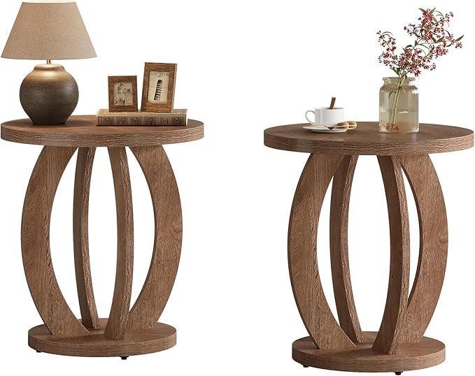 Tribesigns End Table, Round Side Table with Storage, Farmhouse Nightstand Bedside with Round Tabletop, Accent End Table for Living Room Bedroom Small Space, Wooden Accent Furniture (2, Brown)