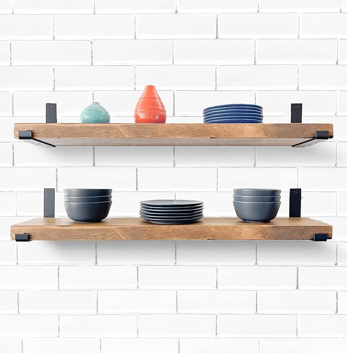 Rustic Shelves with J-Brackets Set of 2, Industrial Shelf, Kitchen Shelves, Solid Wood, Decorative Wall Storage, Heavy Duty, URBANDI (Brown, 48Wx6D)