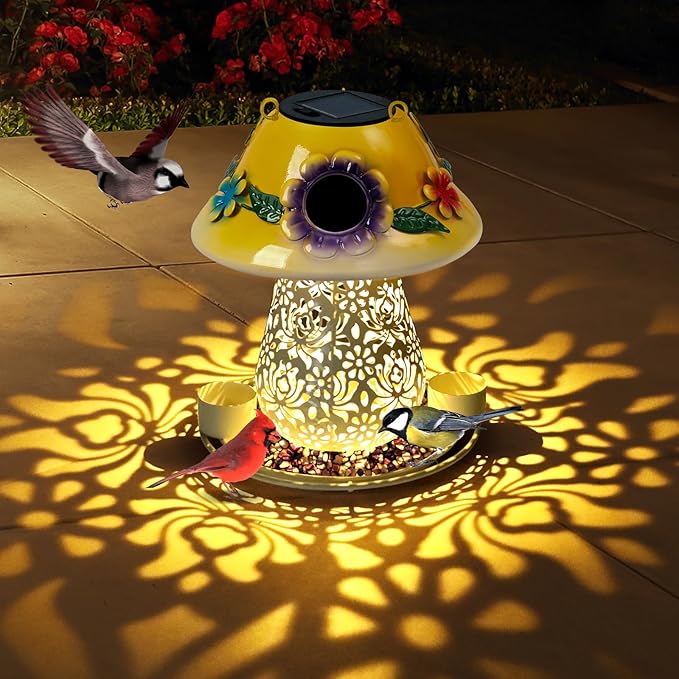 Mushroom Solar Bird Feeders for Outdoors Hanging Metal Wild Bird Feeder Garden Lantern with S Hook for Garden Decoration Yellow