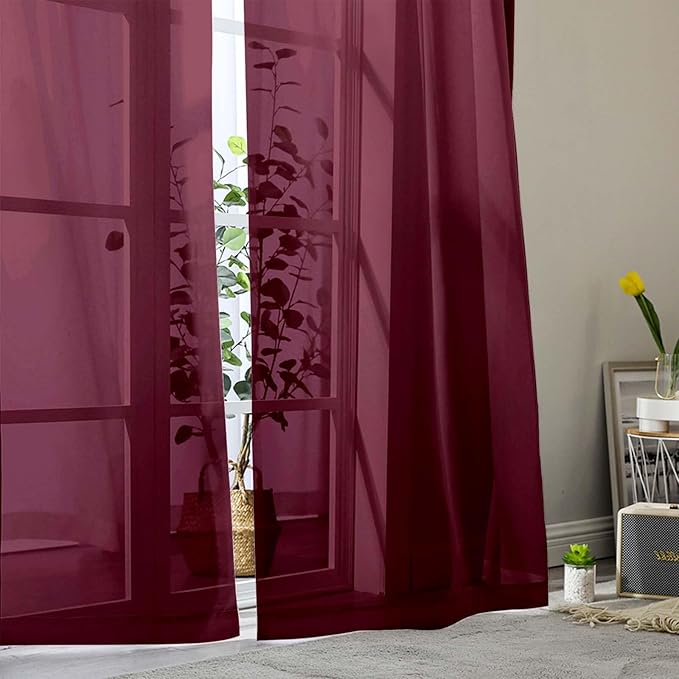 Sheer Burgundy Curtains for Bedroom Living Room 90 Inches Long 2 Panels Set - Image 8