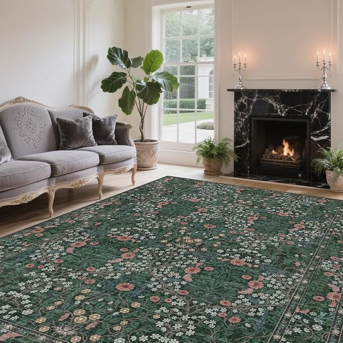 Vintage Green Living Room Rug, 8x10 Washable Area Rugs - Image 3