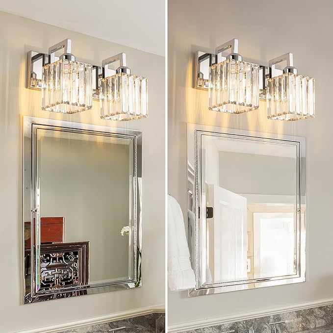 Modern Bathroom Vanity Light 2-Lights Chrome Crystal Wall Lamp Bathroom Modern Crystal Vanity Lighting