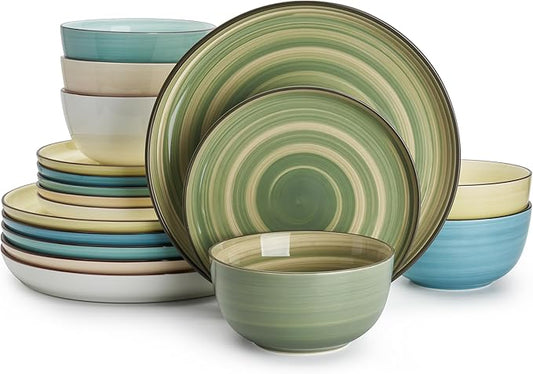 Sweese Plates and Bowls Sets, 18 Piece Dinnerware Set Porcelain Round Dinner Set for 6, Scratch Resistant Dishes Set, Dishwasher and Oven Microwave Safe Handpainted Swirl Dishware Sets, Assorted Green