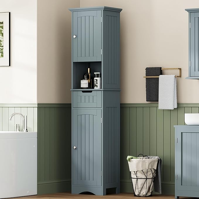 ChooChoo 67" Tall Bathroom Storage Cabinet Freestanding with Adjustable Shelves, Narrow Storage Linen Cabinet with 2 Doors and 1 Drawers for Bathroom, Living Room, Kitchen, Grey