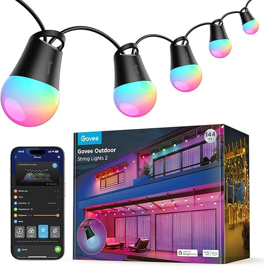 Govee Smart Outdoor String Lights 2, 144ft Outdoor Lights with Dimmable Warm White LED Bulbs, 47 Scene Modes for Patio, Backyard, Balcony, IP65 Waterproof, Works with Alexa, App Control