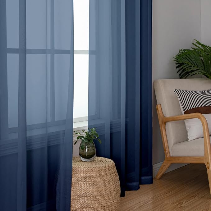 Simplebrand Navy Blue Sheer Curtains 90 Inches Long 2 Panels, Light Filtering - Image 4