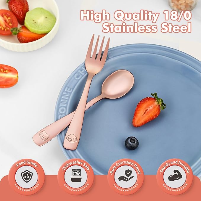 DRKIO Stainless Steel Toddler Utensils Set - 6 Pieces Kids Silverware Set Children Safe Food Grade Small Forks and Spoons Dishwasher Safe Mirror Polished