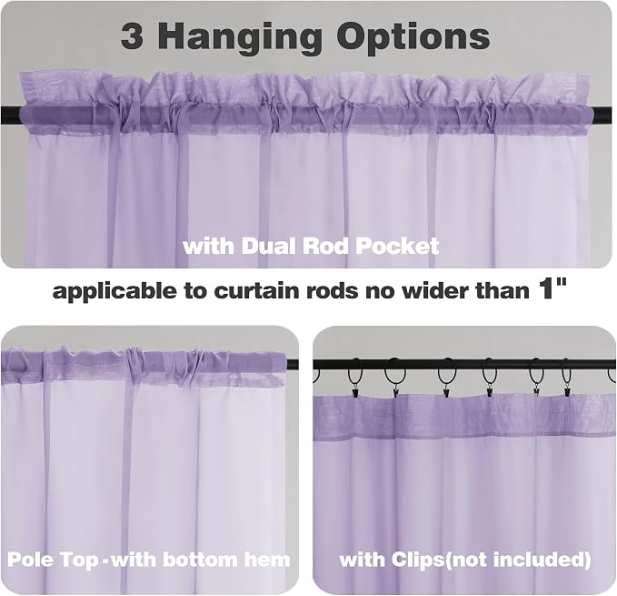 Chyhomenyc Lilac Sheer Curtains 36 inch Length 2 Panels, Light Filtering Voile - Image 3