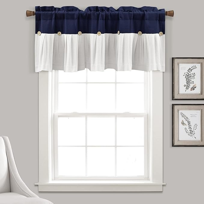 Lush Decor Linen Button Farmhouse Valance Curtians 52"W x 18"L Navy & White by LushDecor
