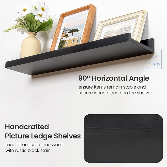 Picture Ledge Wall Shelves 48 inches Width Set of 3, Solid Pine Wood Rustic Floating Ledge Shelves for Wall for Kids' Room Bedroom Kitchen Bathroom Long Floating Shelves for Wall Decor, Black