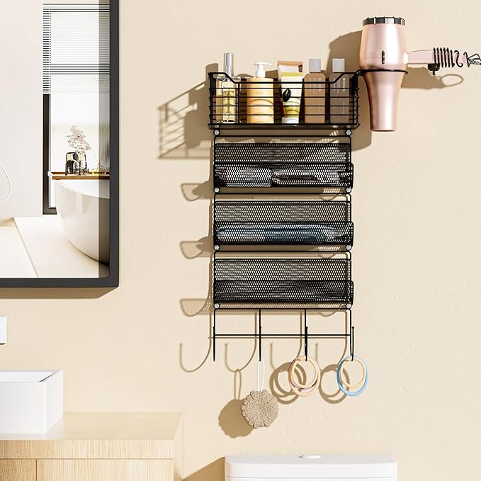 VITVITI Metal Hair Tool Organizer Wall Mount, Hair Dryer Holder with 4 Tier Shelf Basket Hooks, Bathroom Hair Styling Tool Organizer for Curling Iron/Blow Dryer/Straightener, Matte Black